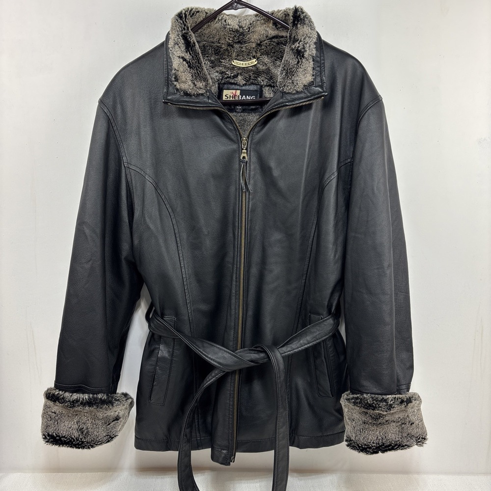 Vtg Y2K Shebang Coat‎ Fur Trim Lined Jacket Waist Belt Black Womens Size M